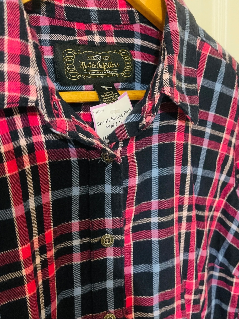 Navy and Pink Plaid Button-Up Blouse